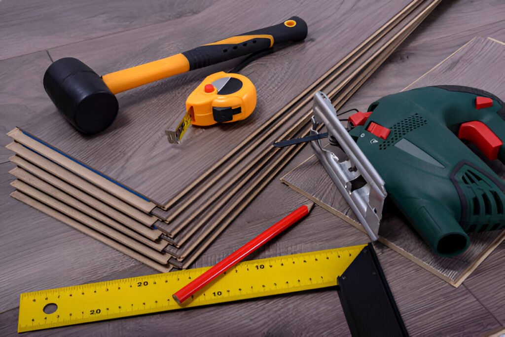 a tape measure, a pencil, a utility knife