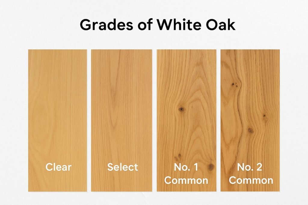 Visual comparison of four white oak hardwood flooring grades: Clear, Select, No. 1 Common, and No. 2 Common
