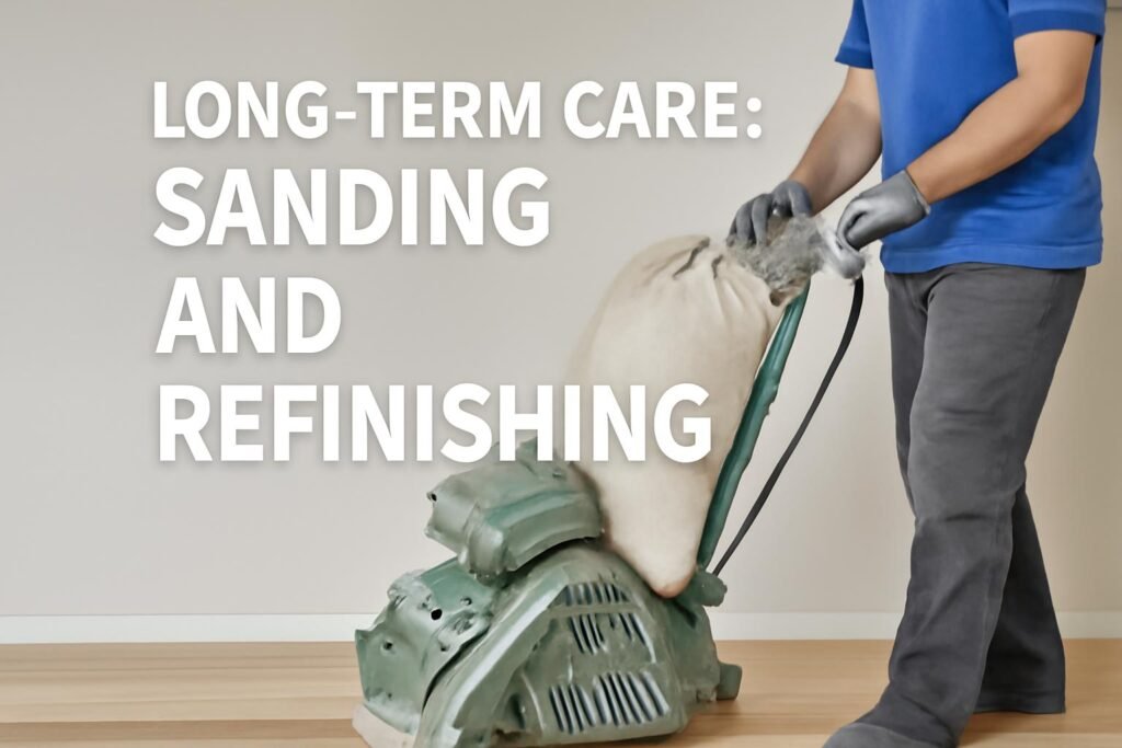 Worker using a green drum sander to refinish hardwood floor with overlaid text 'Long-Term Care: Sanding and Refinishing